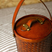 Load image into Gallery viewer, Brown Leather Basket Weave Ice Bucket w/Tongs