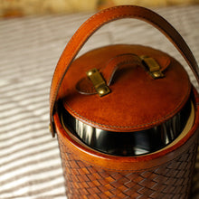 Load image into Gallery viewer, Brown Leather Basket Weave Ice Bucket w/Tongs