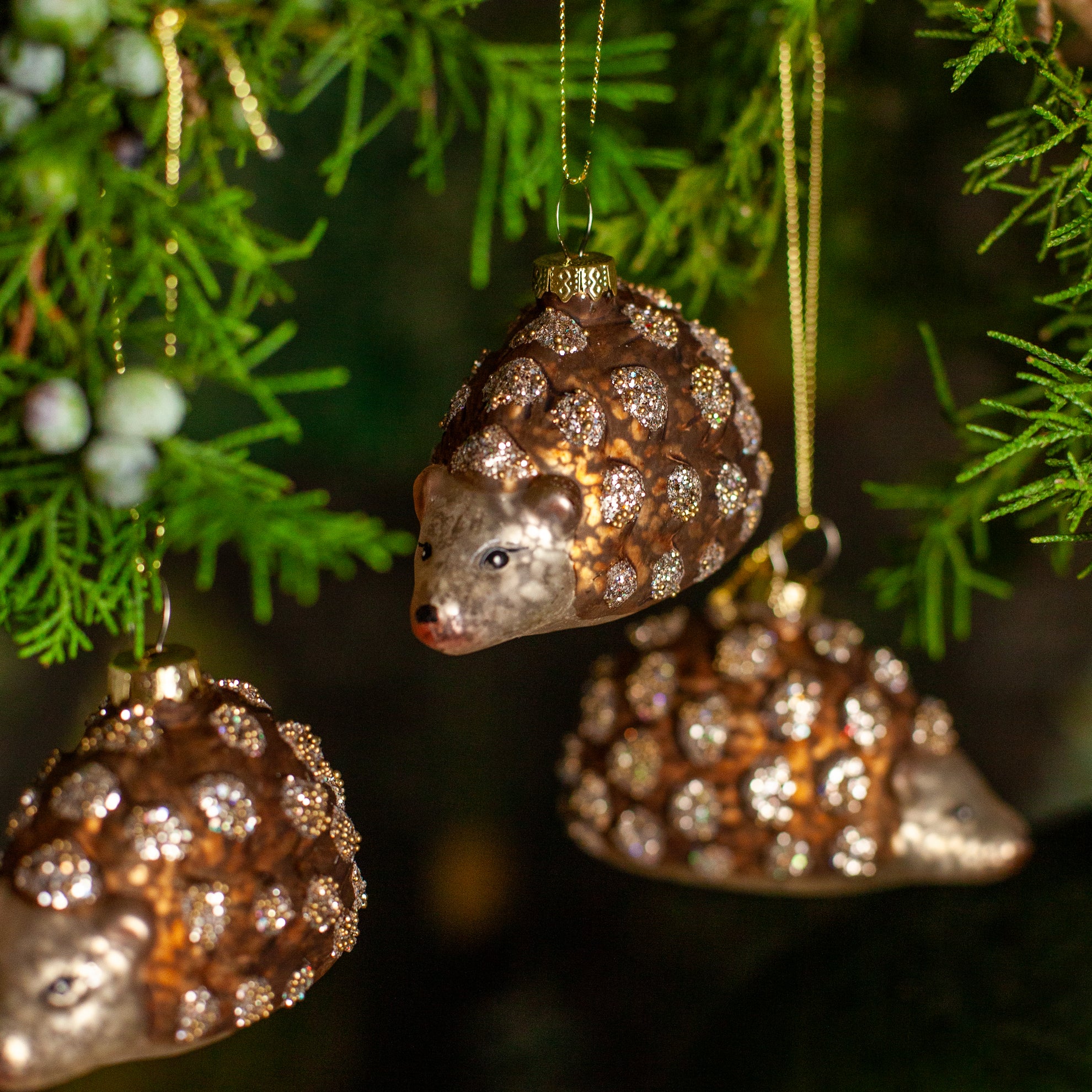 Glass Hedgehog Glitter Ornament, Set of 3