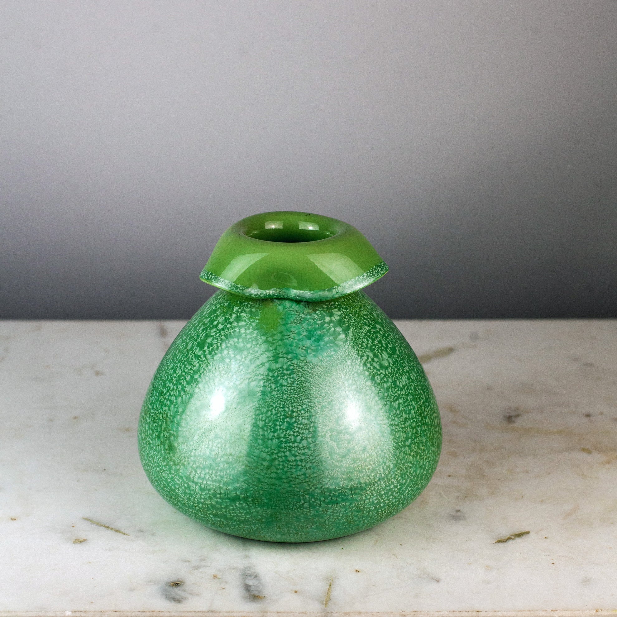 Sarreguemines Pottery Crystalline Green Glazed Vase, Folded Rim