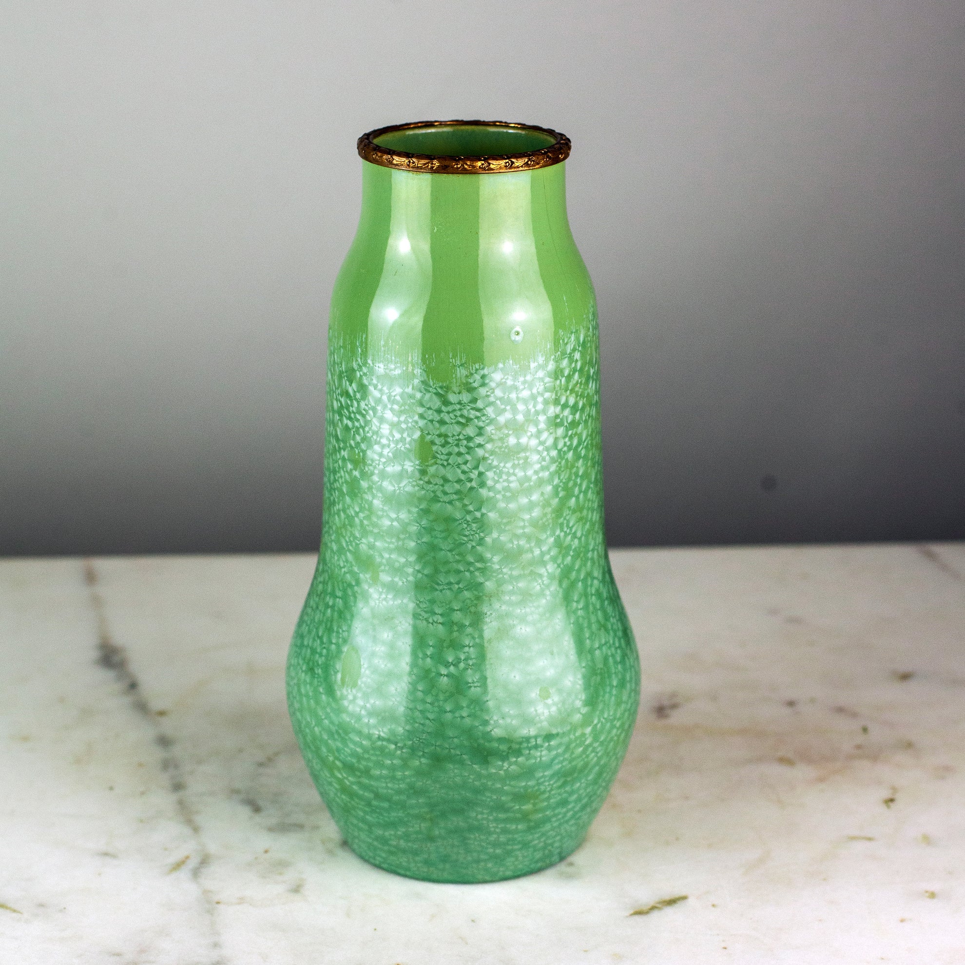 Sarreguemines Pottery Crystalline Green Glazed Bronze Dore Rim Sm. Crack