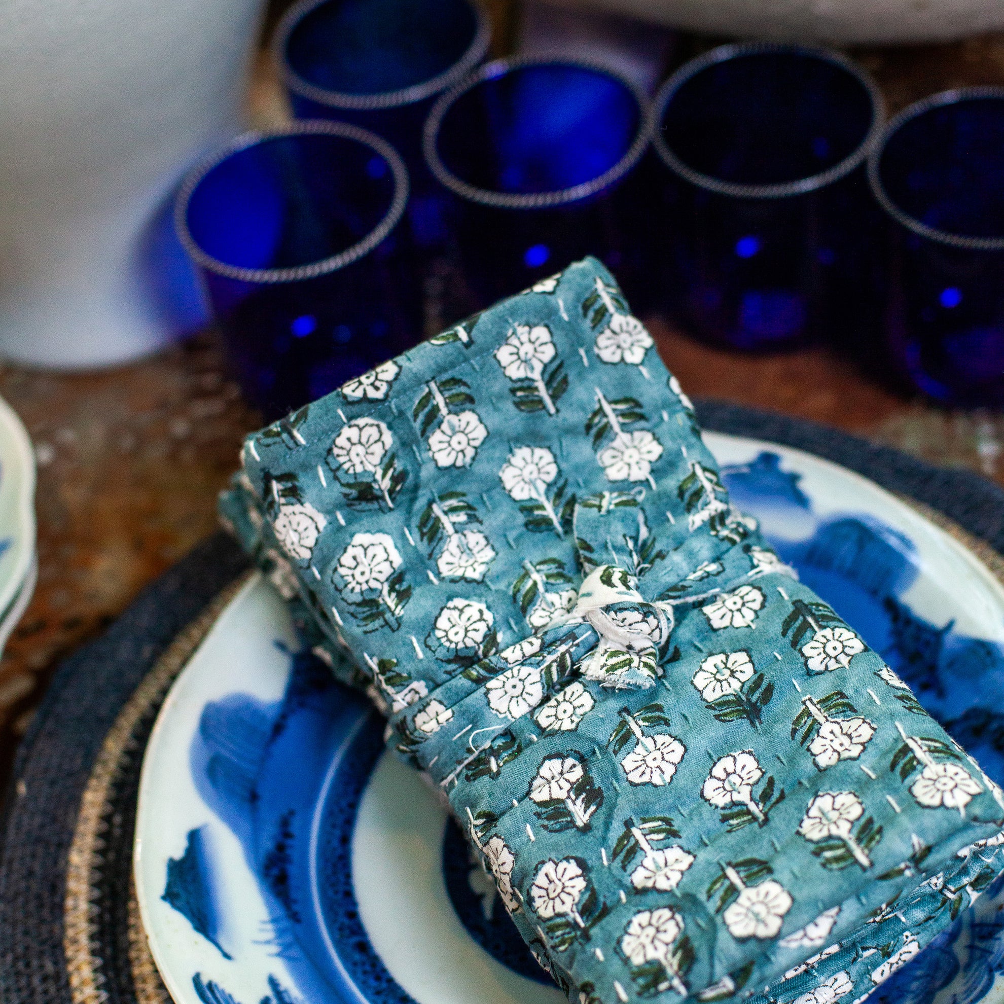 Tulsi Teal Kantha Napkins, Set of 4