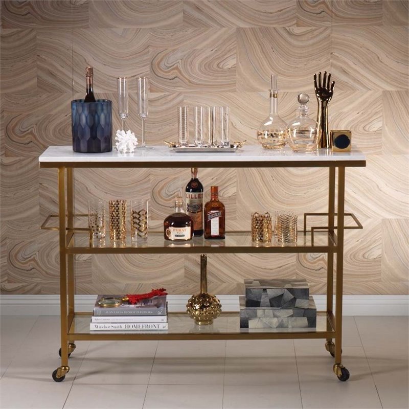 Gold Bar Cart with Makrana Albeta Marble Top