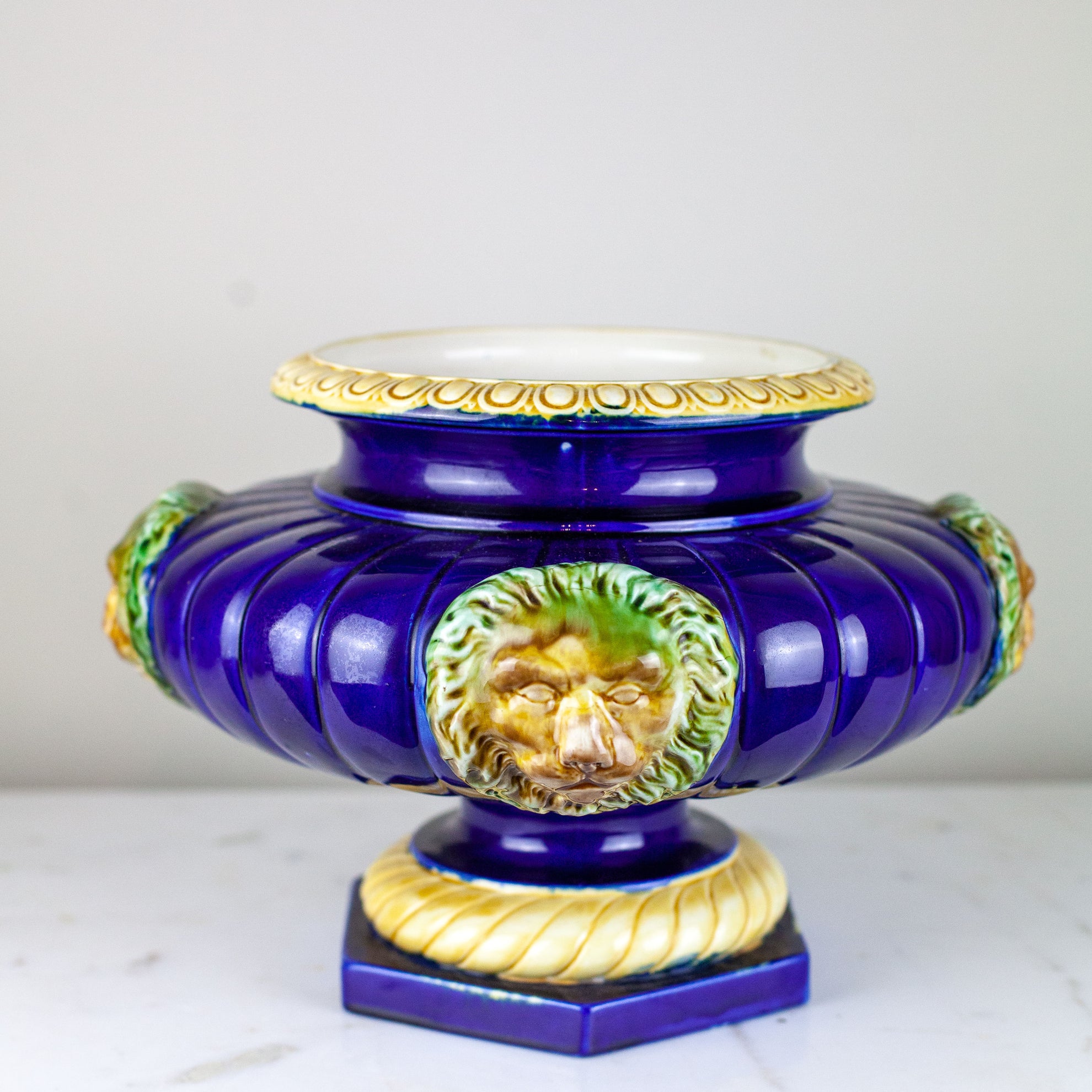 Vintage Majolica Urn with Lion Motif