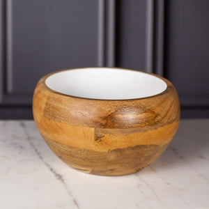 Round Mango Wood & White Enamel Bowl